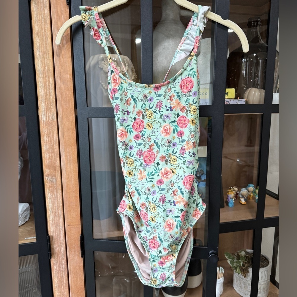 PQ Swim one piece swimsuit Amanda Stanton Kinsley Ruffle Green Floral Strappy